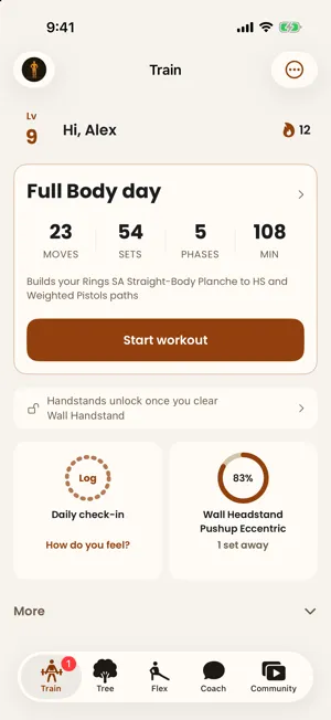 BodyTree Train tab with today's workout ready to start
